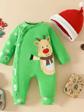 2pcs Baby Deep Red Christmas Cute Deer Print Gift Long Sleeve Bodysuit   Furry Hat 0-1 Years Old Girls Christmas Costume Clothes Behind Winter Snowflake Print Love Gifts From Mom Dad For Kids, Suitable For Indoor And Outdoor Wear