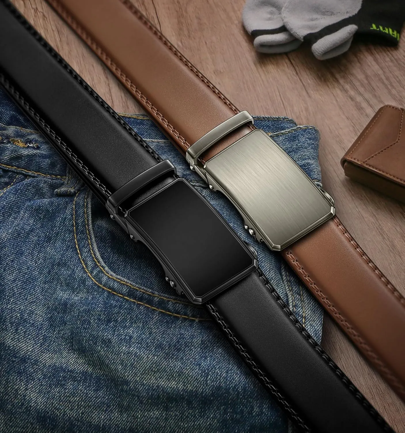 BULLIANT Men Belt 2Pack Ratchet Belt Adjustable For Gift Men Dress Jeans Casual Pants 1 3/8-Cut For Fit