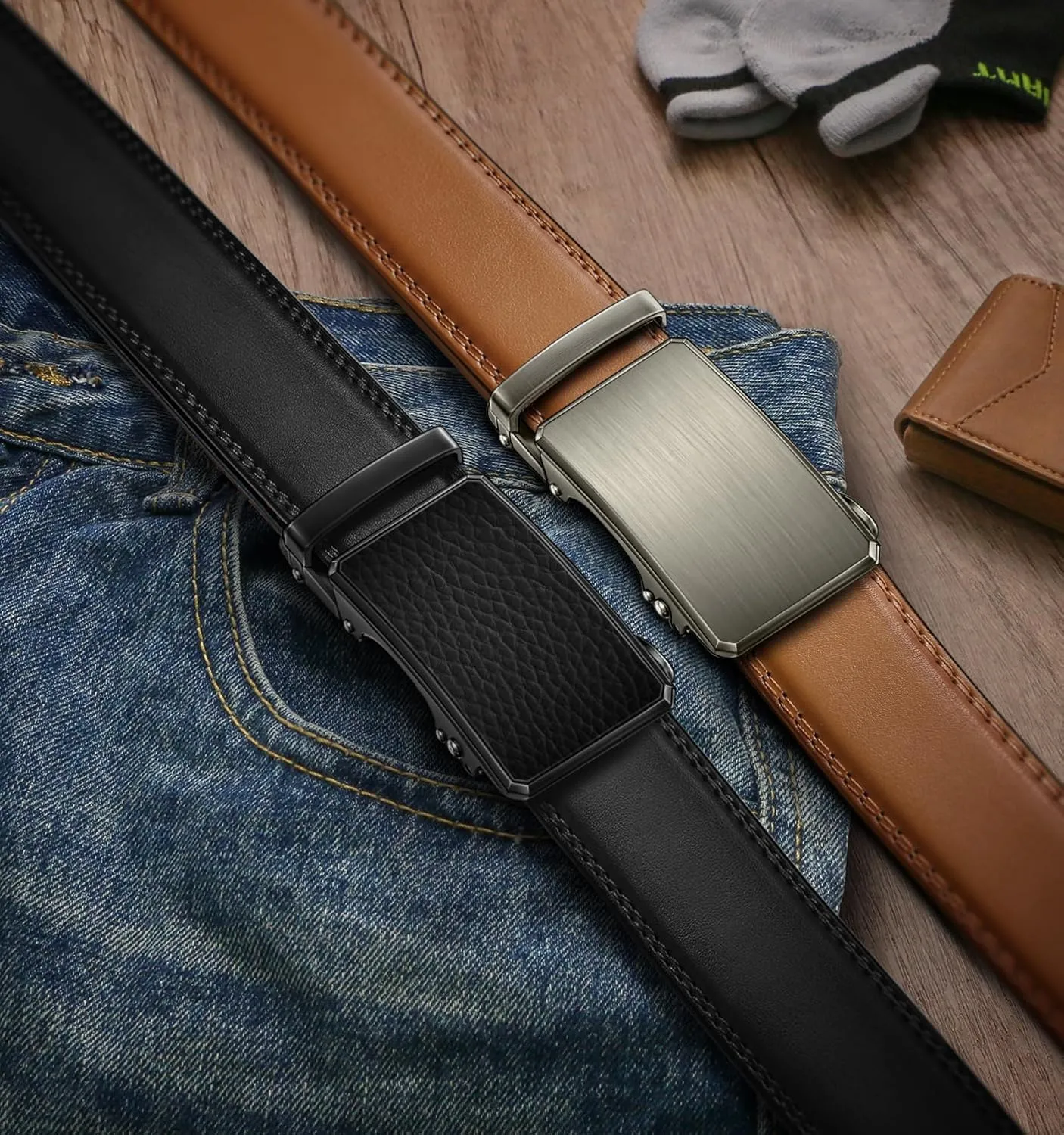 BULLIANT Men Belt 2Pack Ratchet Belt Adjustable For Gift Men Dress Jeans Casual Pants 1 3/8-Cut For Fit