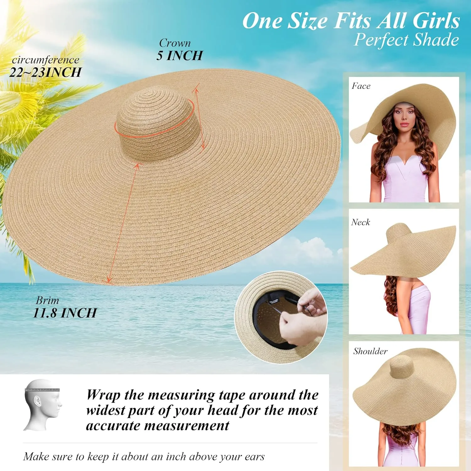 Oversized Sun Straw Hat for Women, UPF 50  Floppy Wide Brim Summer Hat, Foldable Roll Up Travel Hat Beach Hats for Women