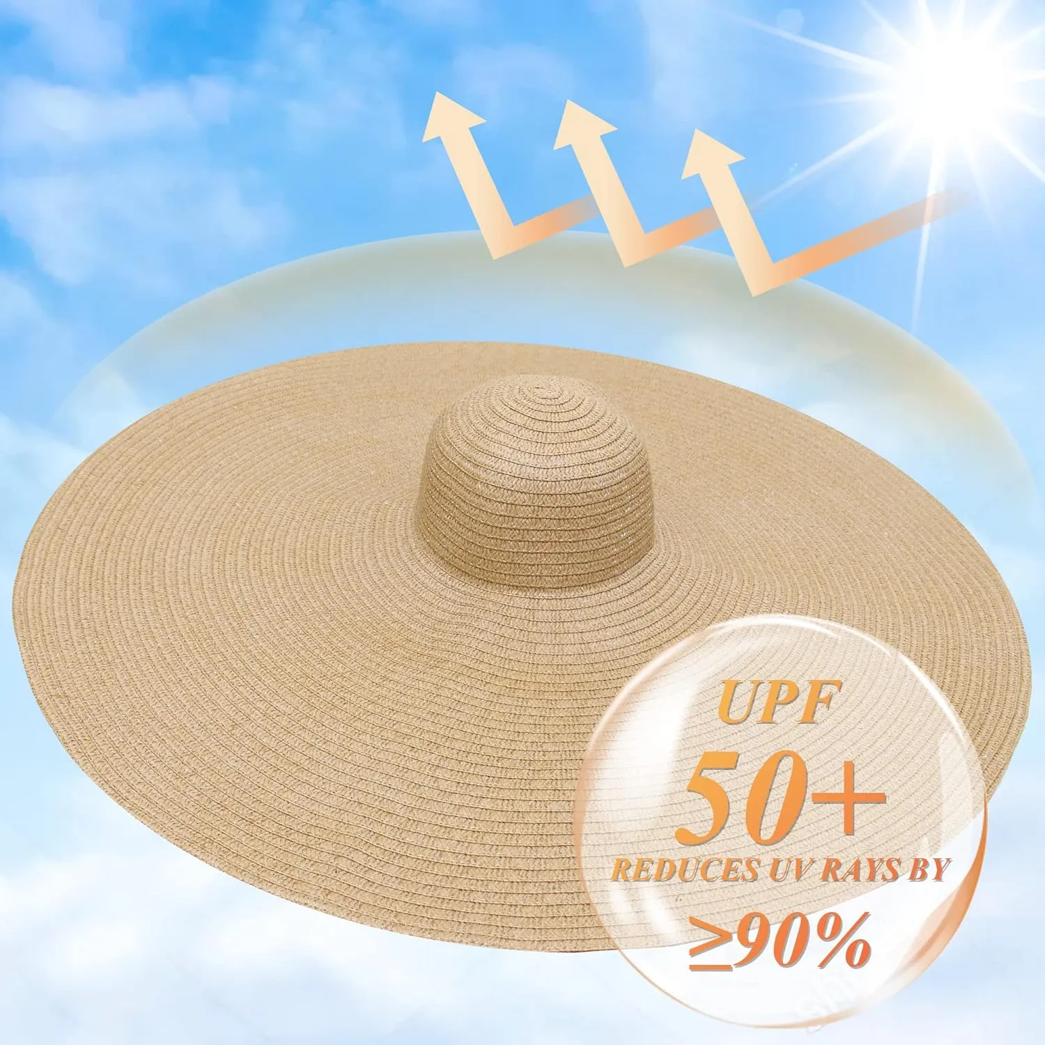 Oversized Sun Straw Hat for Women, UPF 50  Floppy Wide Brim Summer Hat, Foldable Roll Up Travel Hat Beach Hats for Women