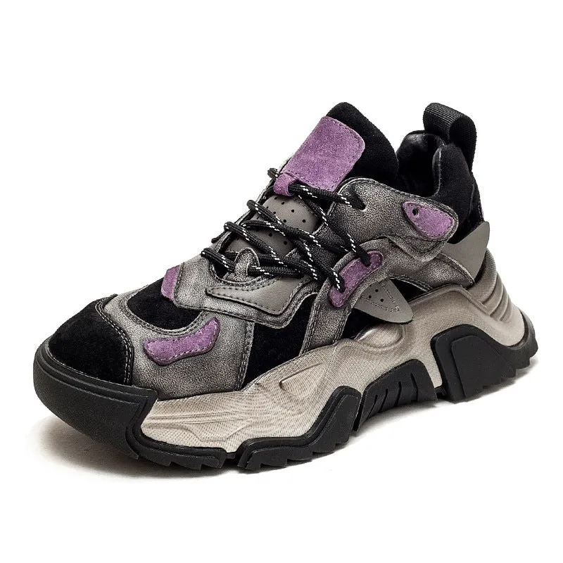 Women Retro Patchwork Leather Dad Sneakers
